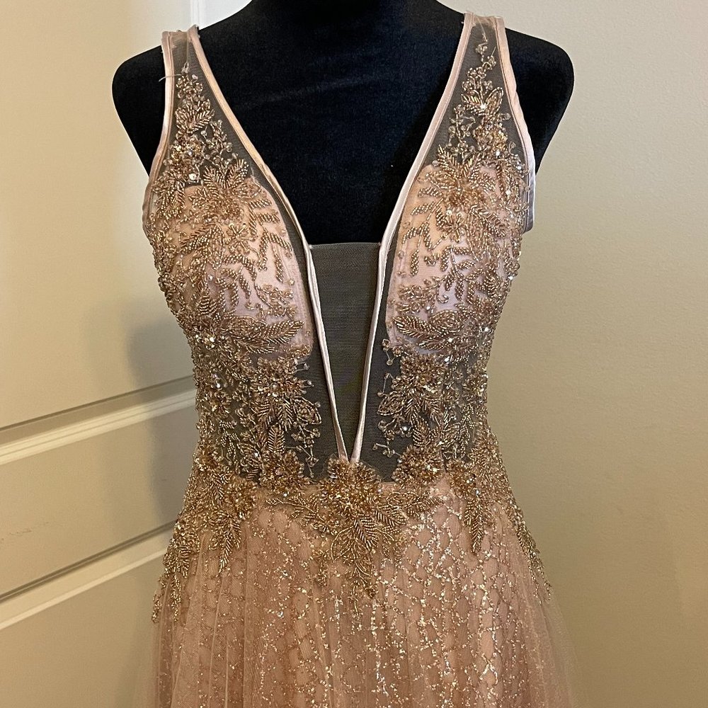 Rose Gold Beaded Andrea & Leo Gown, Size 8